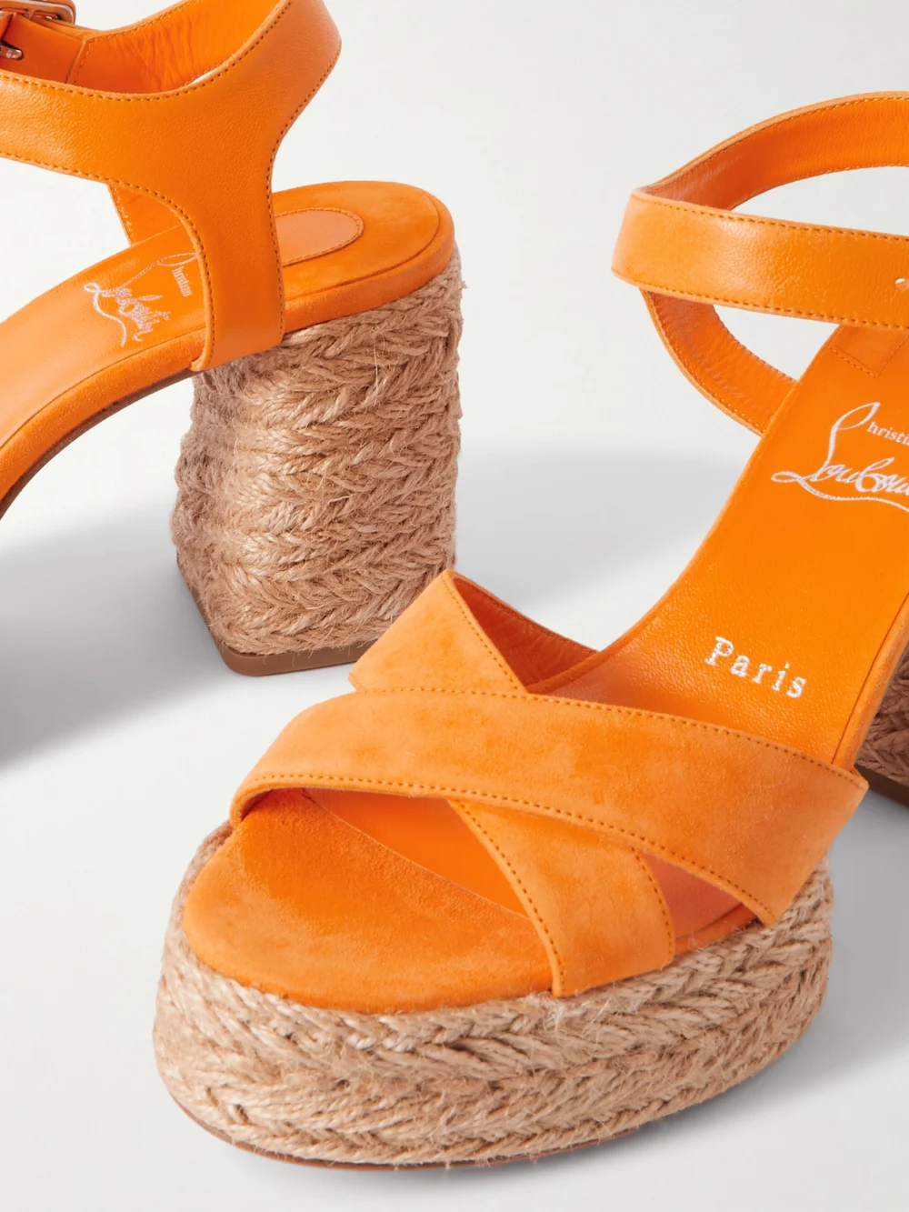 Close-up detail of the Christian Louboutin Calakala 70 Leather and Suede Espadrille Platform Sandals