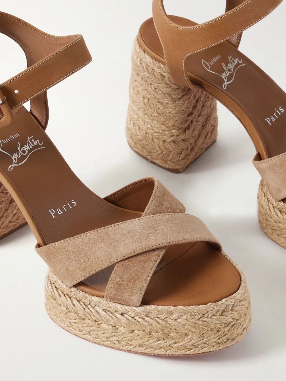 Close-up detail of the Christian Louboutin Calakala 70 Nubuck and Suede Espadrille Platform Sandals