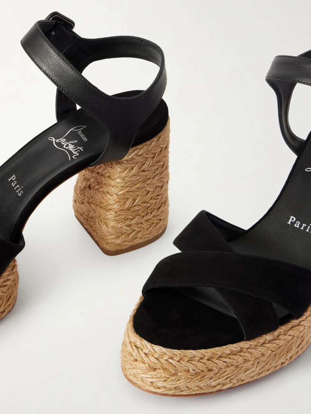 Close-up detail of the Christian Louboutin Calakala 85 Leather and Suede Espadrille Platform Sandals