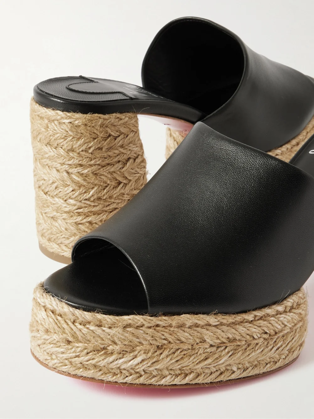 Close-up detail of the Christian Louboutin Calakala 85 Leather Espadrille Platform Mules