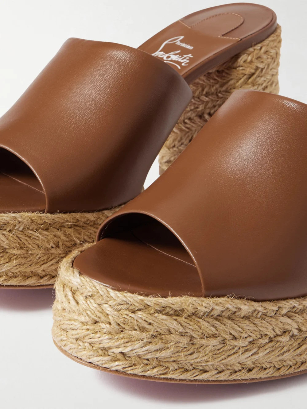 Close-up detail of the Christian Louboutin Calakala 85 Leather Espadrille Platform Mules
