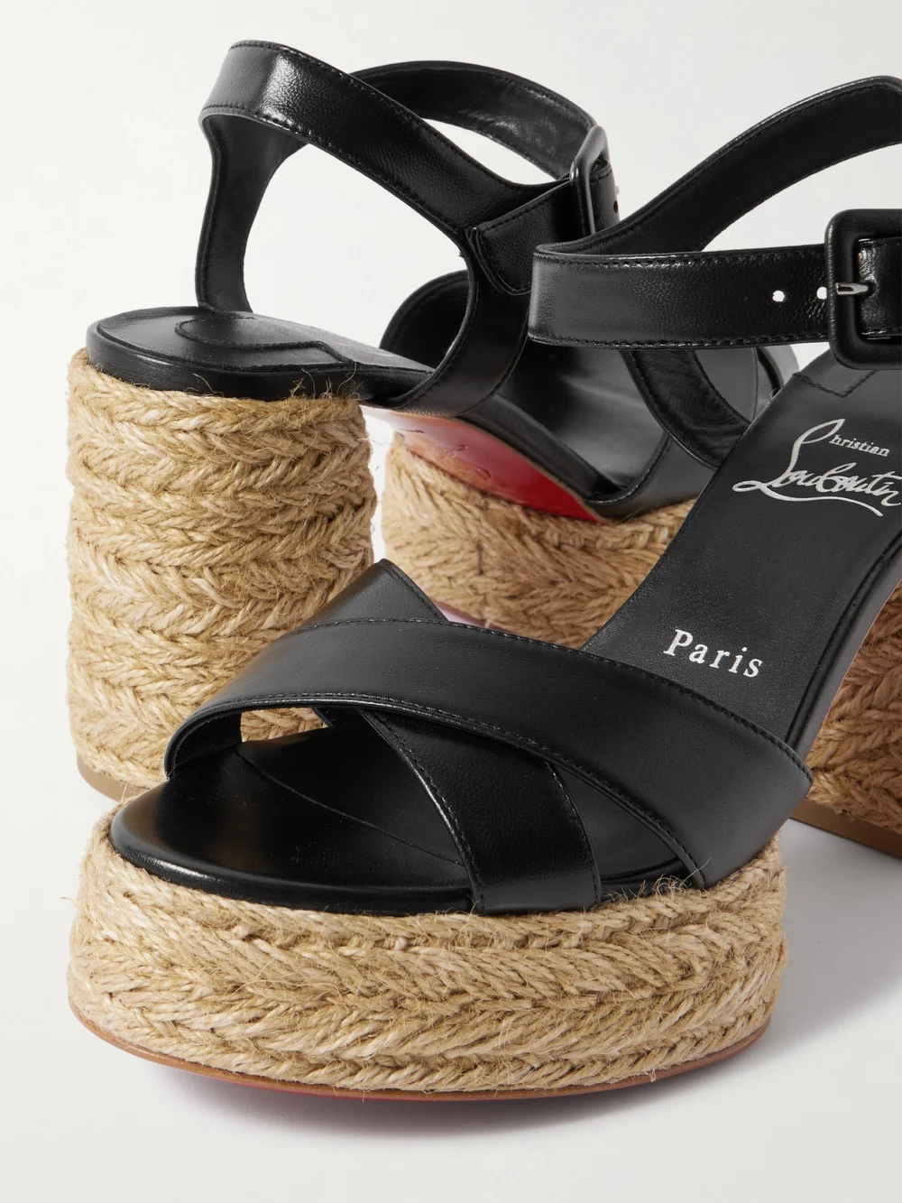 Close-up detail of the Christian Louboutin Calakala 85 Leather Espadrille Platform Sandals