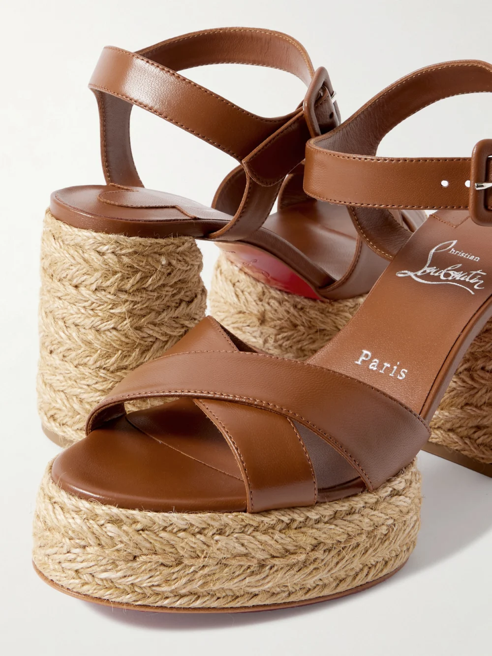 Close-up detail of the Christian Louboutin Calakala 85 Leather Espadrille Platform Sandals