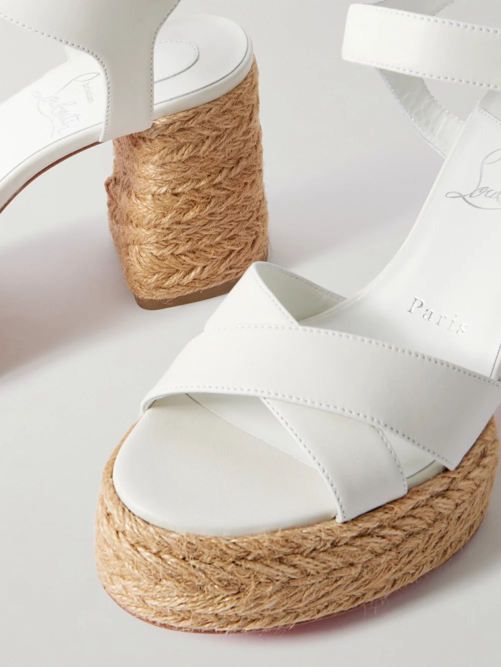 Close-up detail of the Christian Louboutin Calakala 85 Leather Espadrille Platform Sandals
