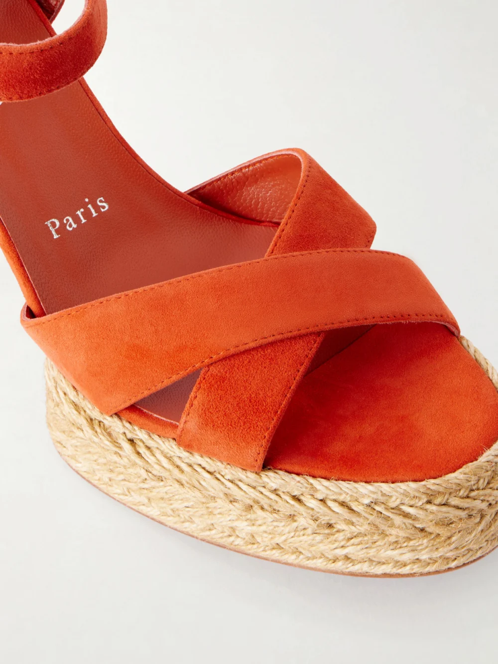 Close-up detail of the Christian Louboutin Calakala 85 Suede Espadrilles Sandals