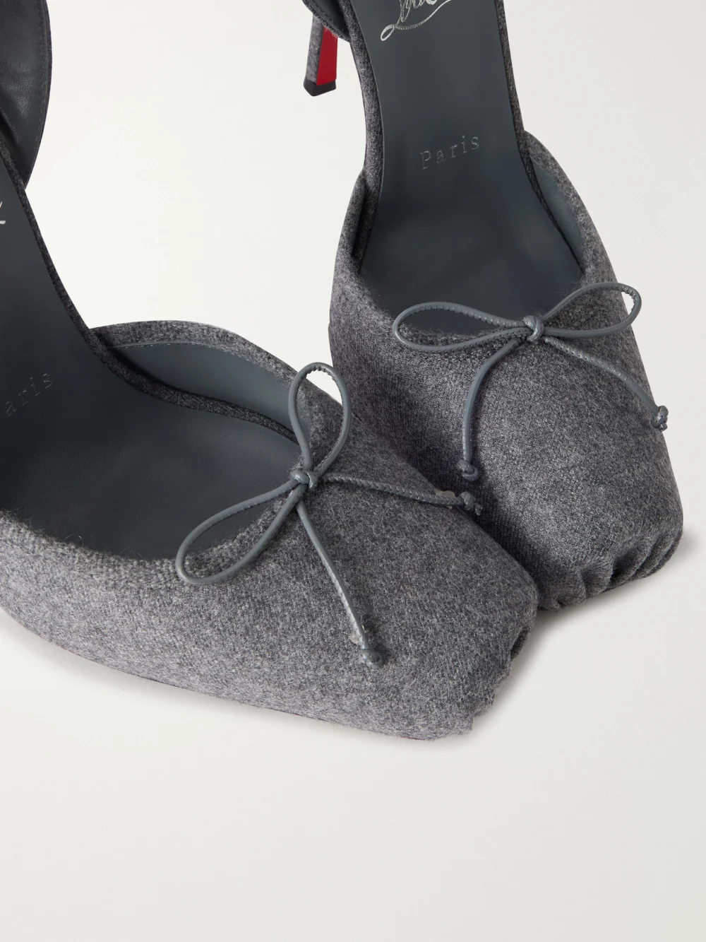 Close-up detail of the Christian Louboutin Cassia 100 Flannel Ballerina Pumps