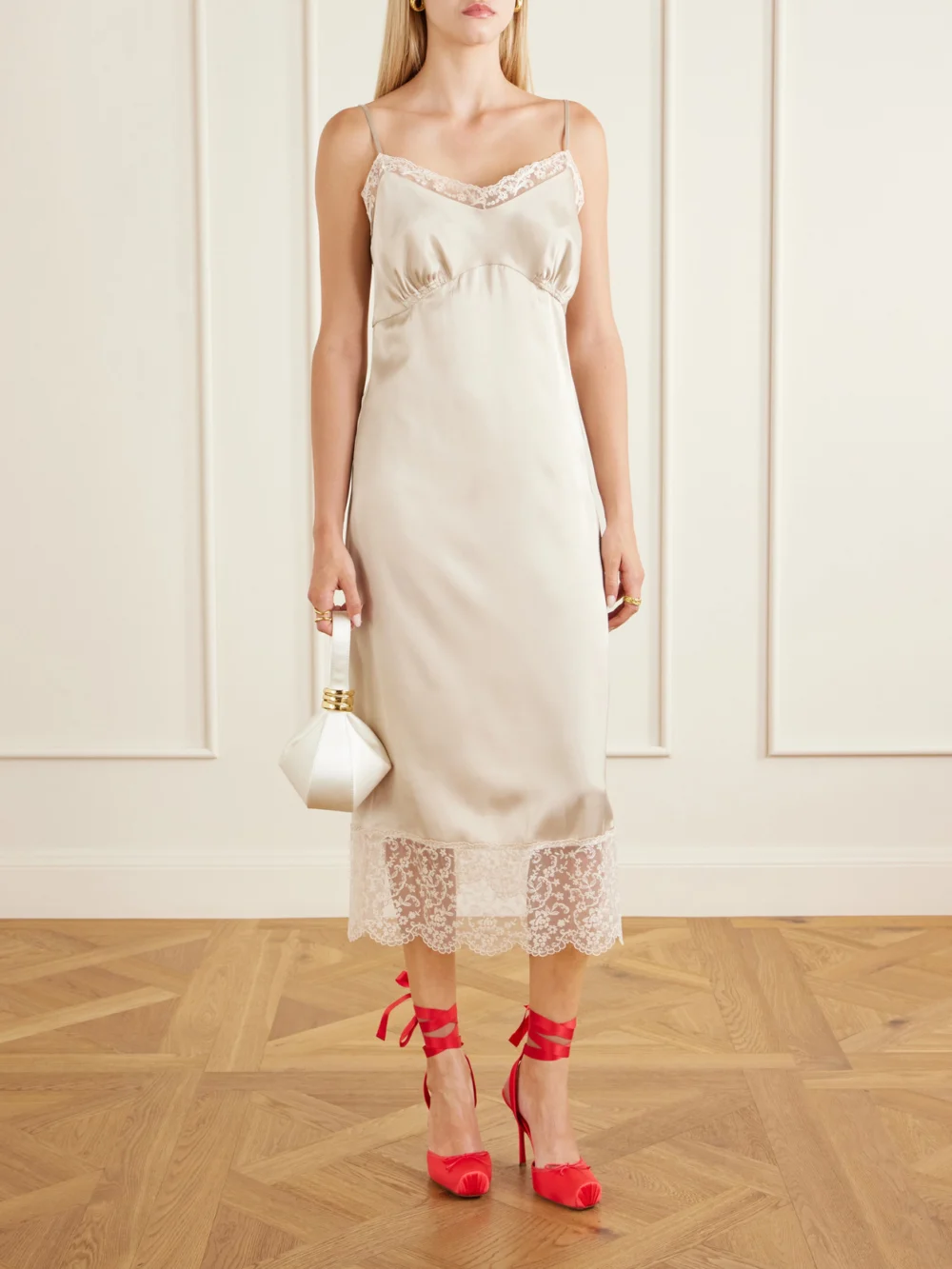 Christian Louboutin Cassia Lace Up 100 Crepe Satin Squared Toe Ballerina Pump, styled view