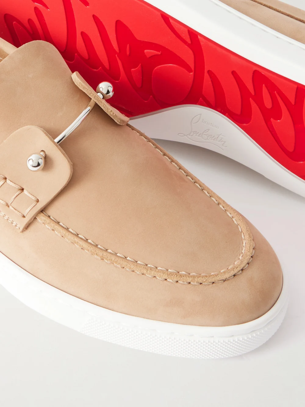 Close-up detail of the Christian Louboutin Chambeliboat Suede Loafers