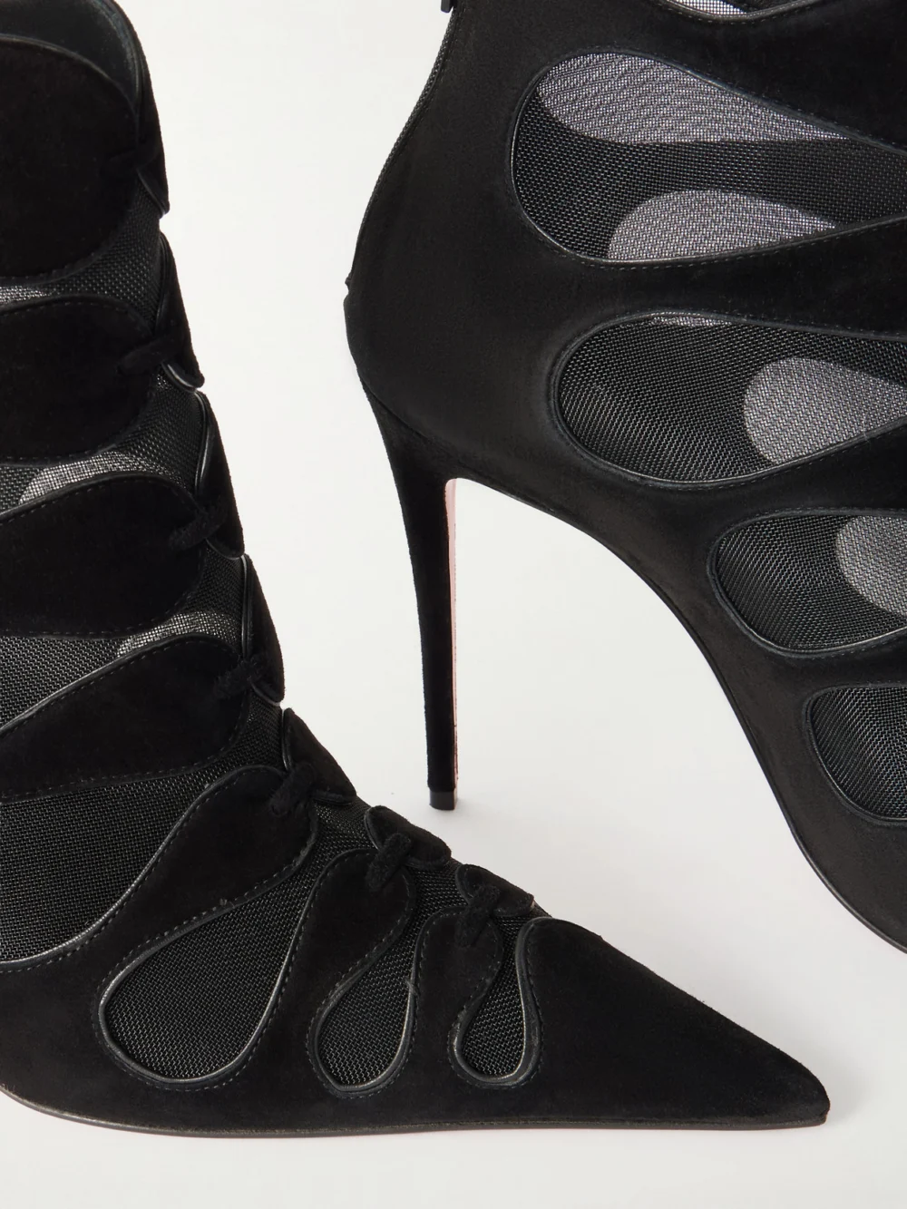 Close-up detail of the Christian Louboutin Circus Max 100 Mesh and Suede Ankle Boots