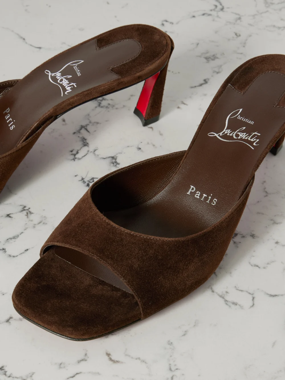 Close-up detail of the Christian Louboutin Condora 55 Suede Mules