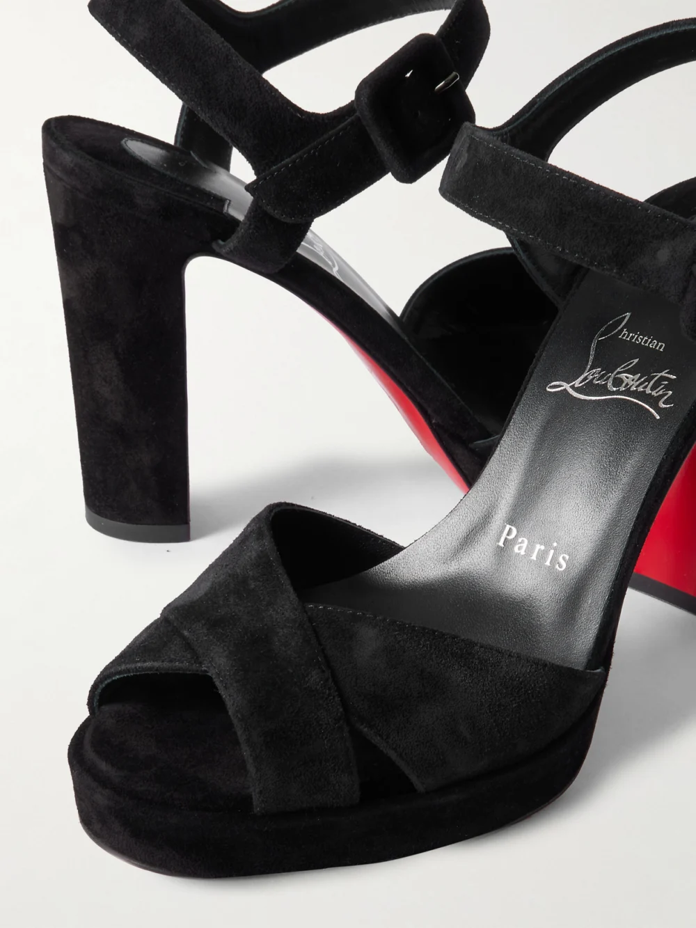 Close-up detail of the Christian Louboutin Cora 100 Suede Platform Sandals