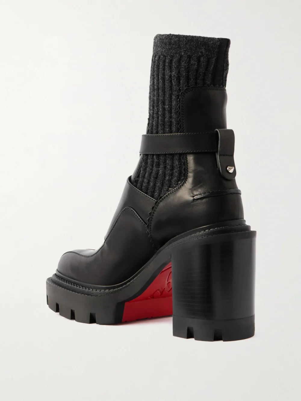 Back view of the Christian Louboutin Cortinetta College 100 Ribbed-knit Trimmed Leather Ankle Boots