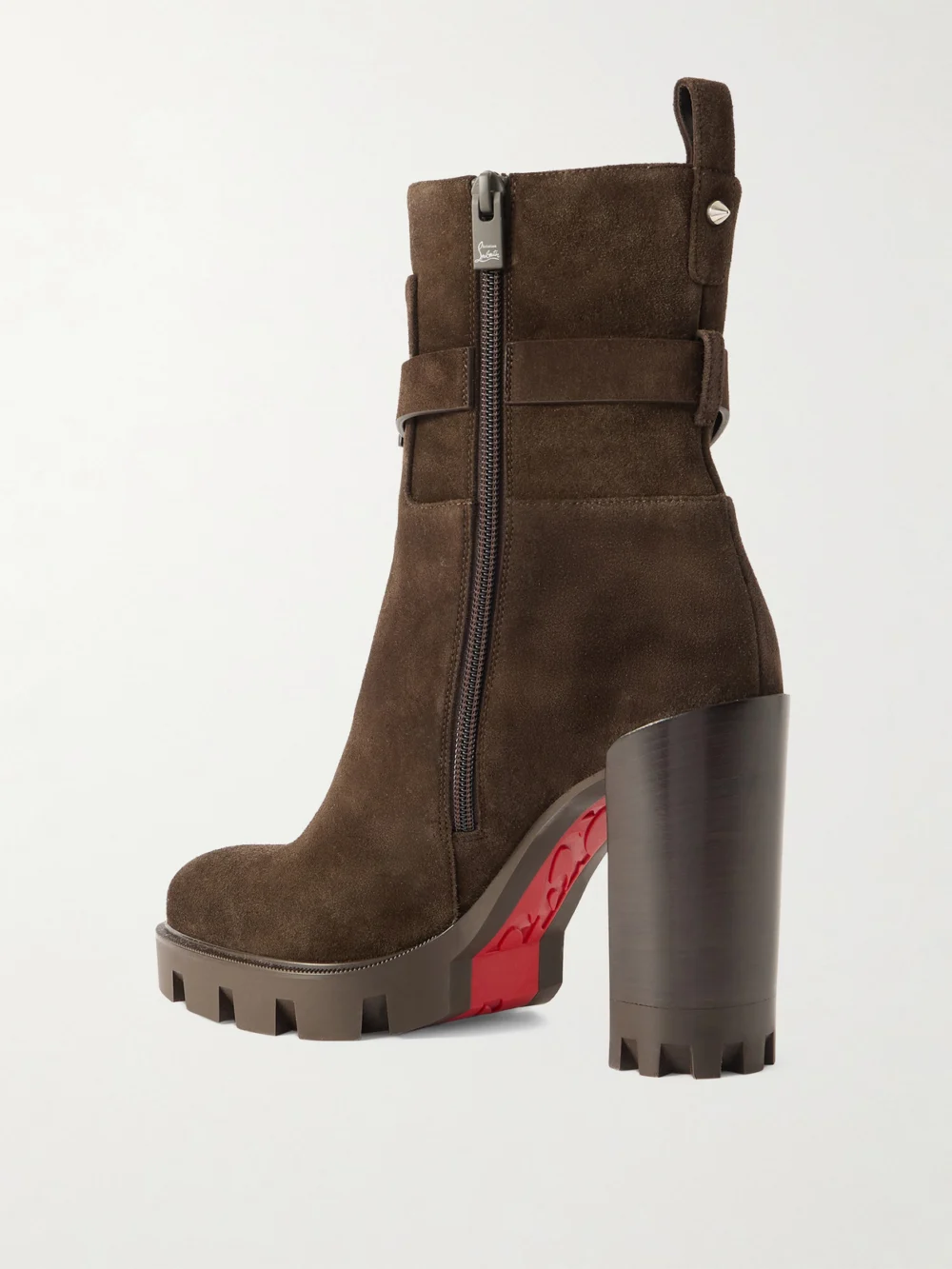 Back view of the Christian Louboutin Dianouchette 100 Buckled Suede Ankle Boots