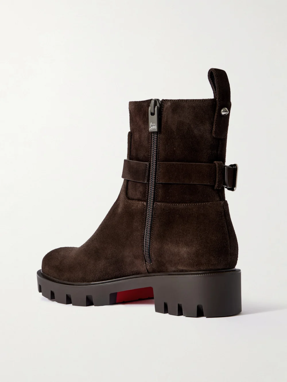 Back view of the Christian Louboutin Dianouchette Buckled Suede Ankle Boots