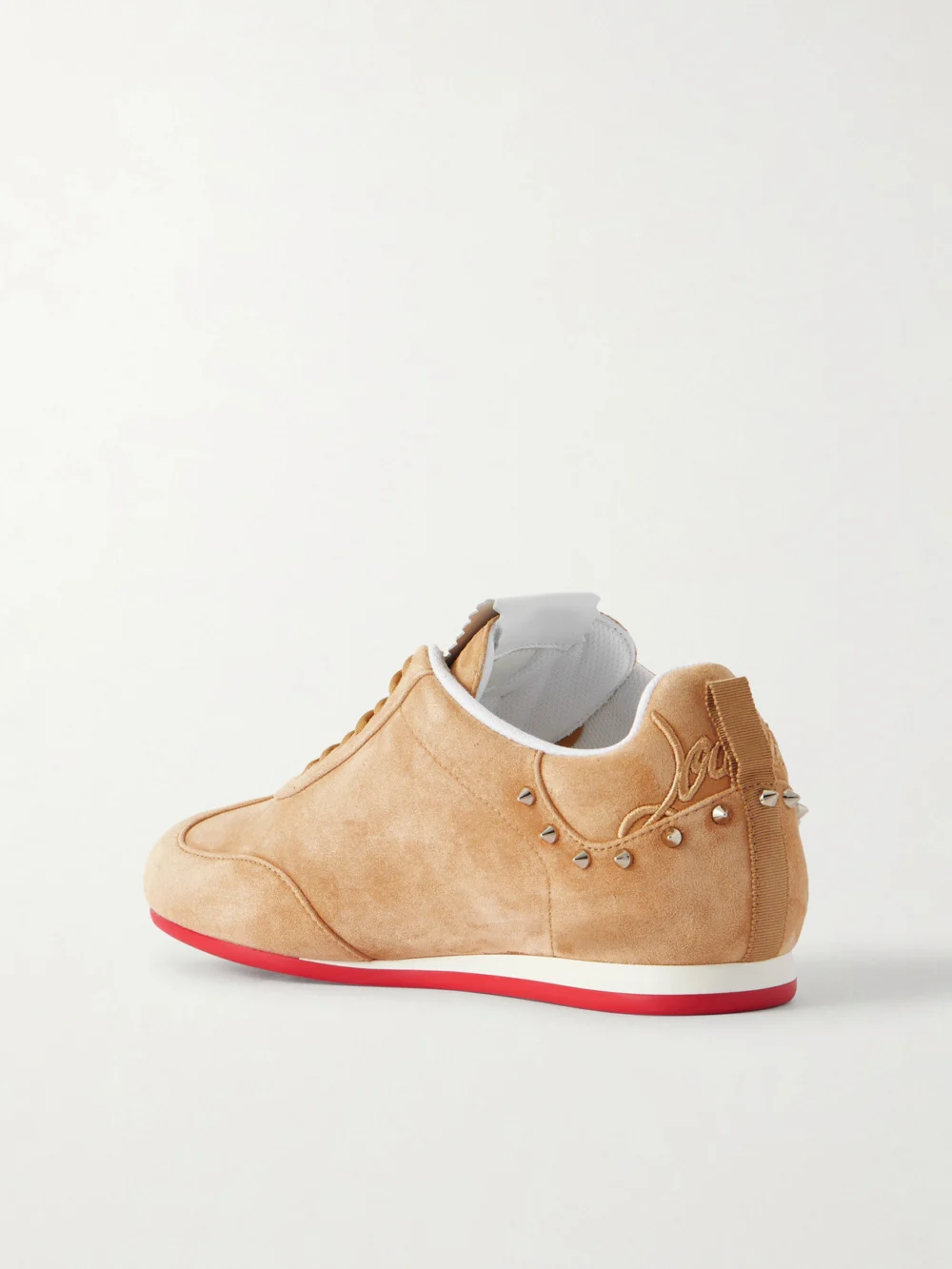 Back view of the Christian Louboutin Eleonora Studded Leather-trimmed Suede Sneakers