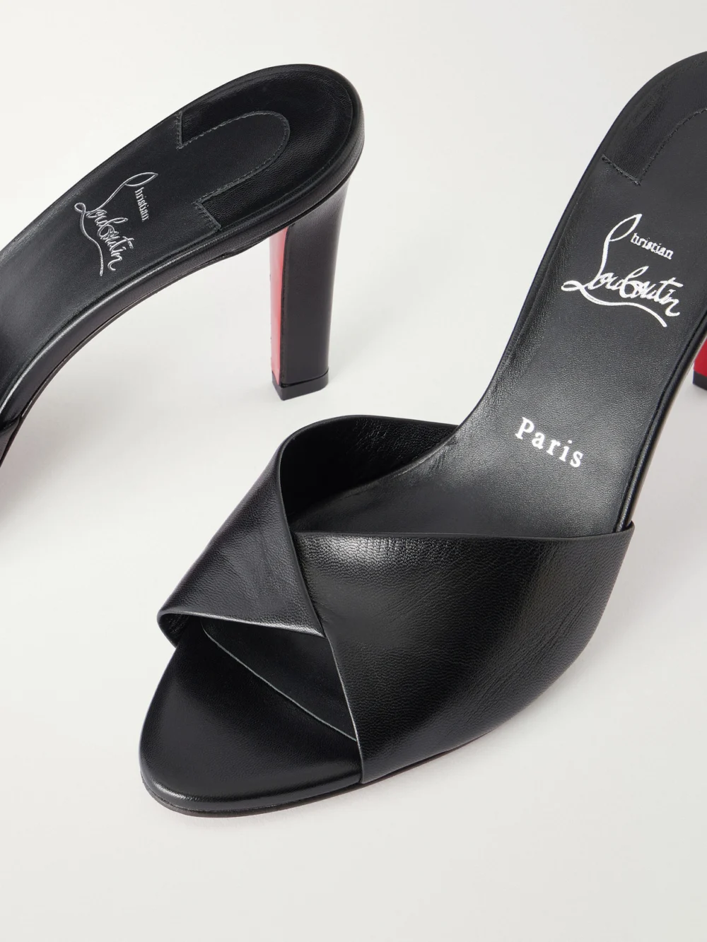 Close-up detail of the Christian Louboutin Fanny 85 Leather Mules
