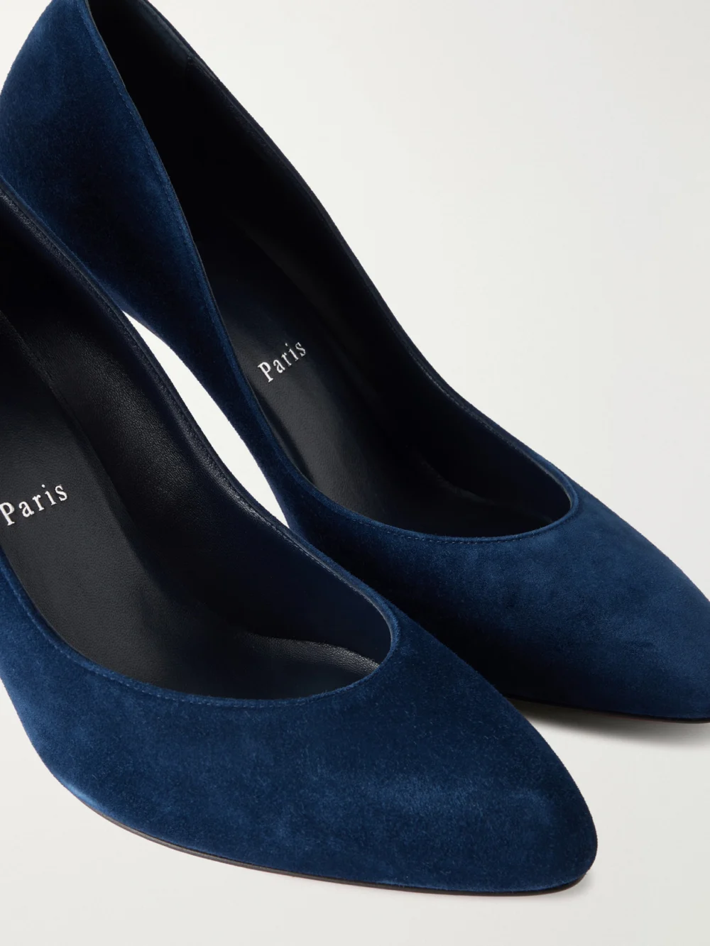 Close-up detail of the Christian Louboutin Fannylove 85 Suede Pumps