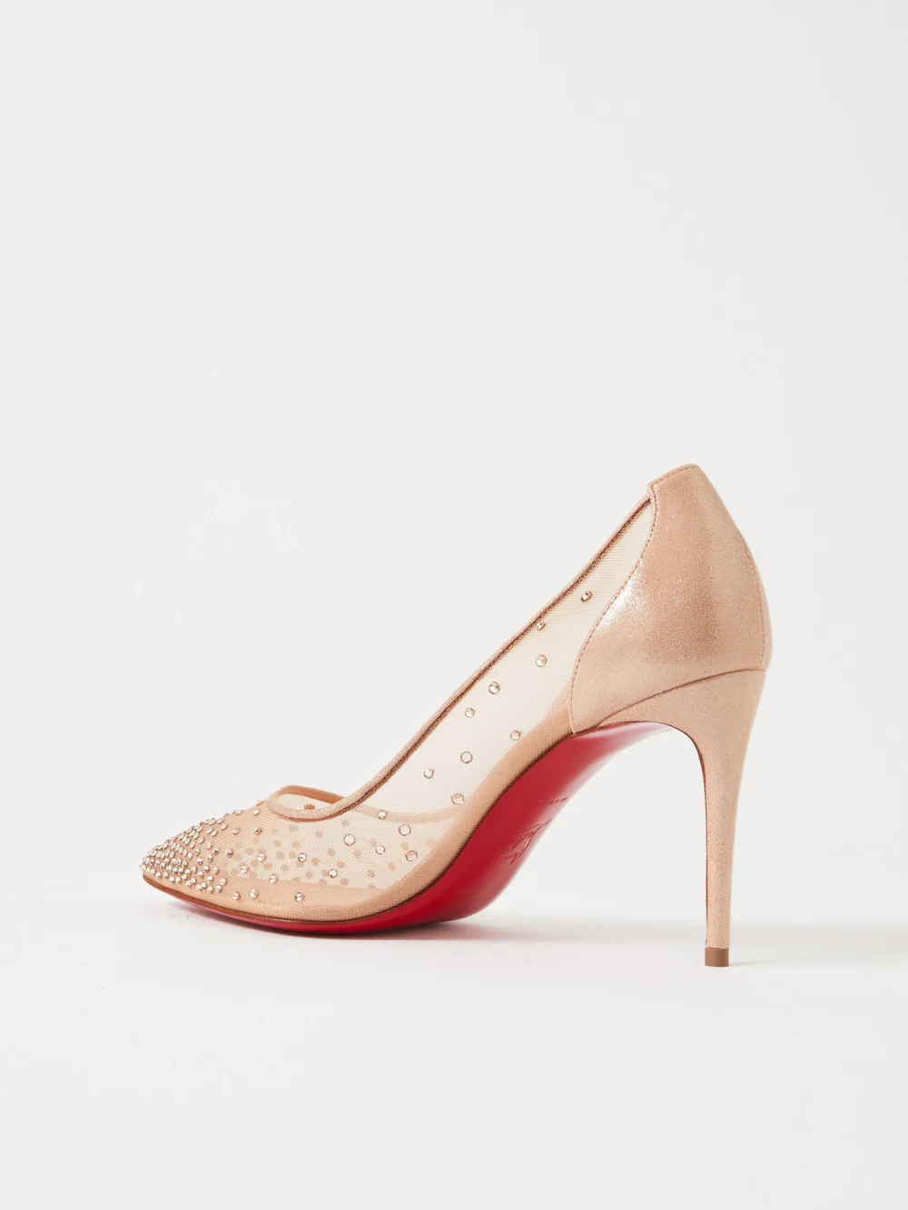 Back view of the Christian Louboutin Follies 85 Crystal-embellished Mesh and Glittered-leather Pumps