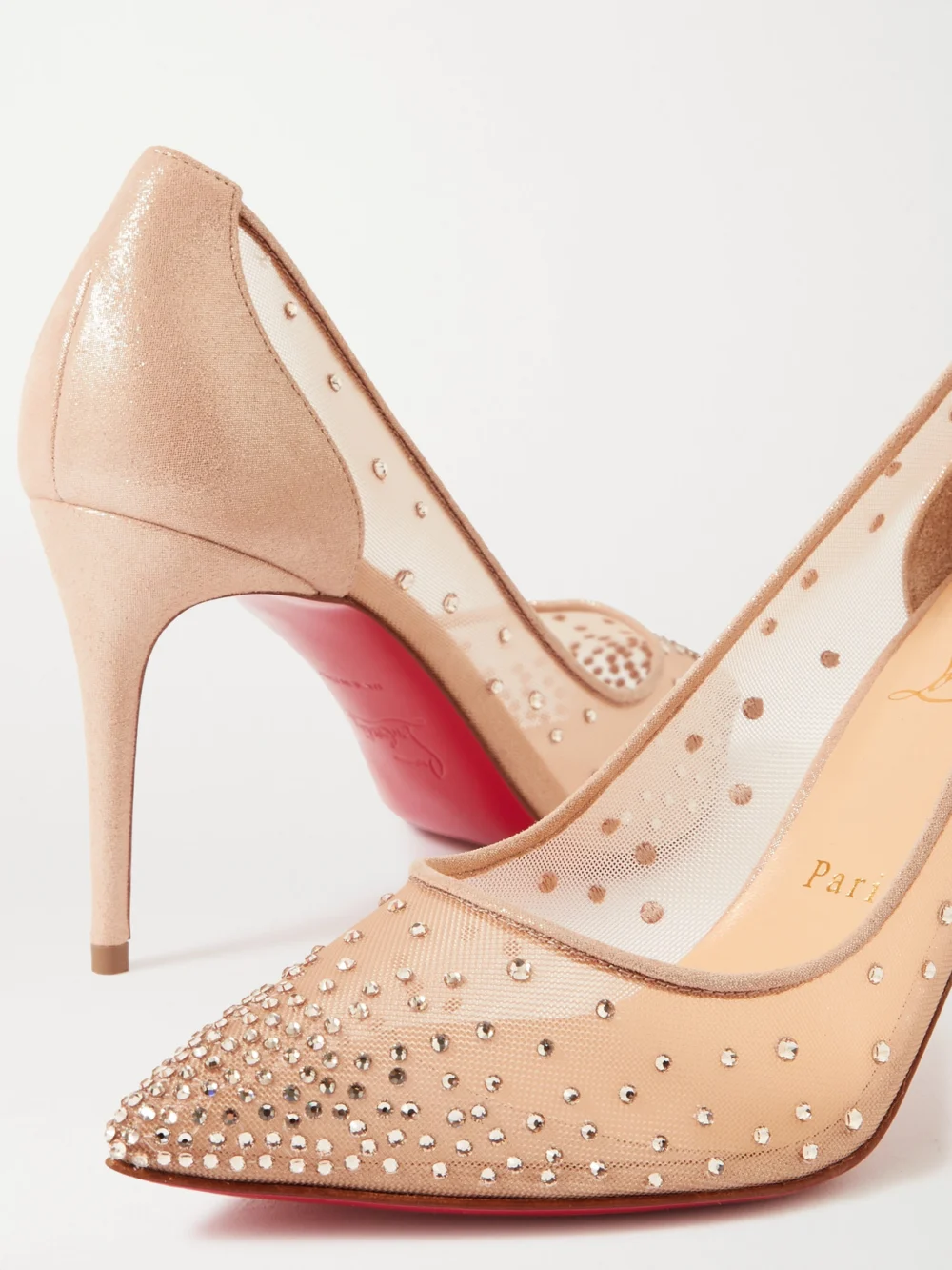 Close-up detail of the Christian Louboutin Follies 85 Crystal-embellished Mesh and Glittered-leather Pumps