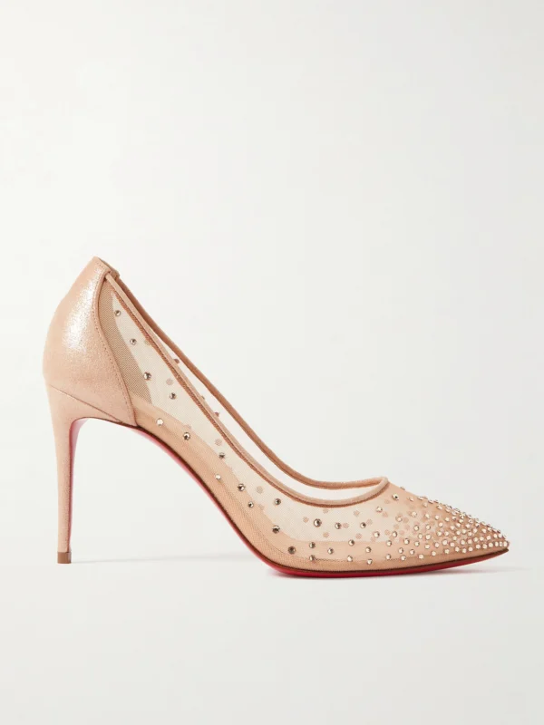 Christian Louboutin Follies 85 Crystal-embellished Mesh and Glittered-leather Pumps
