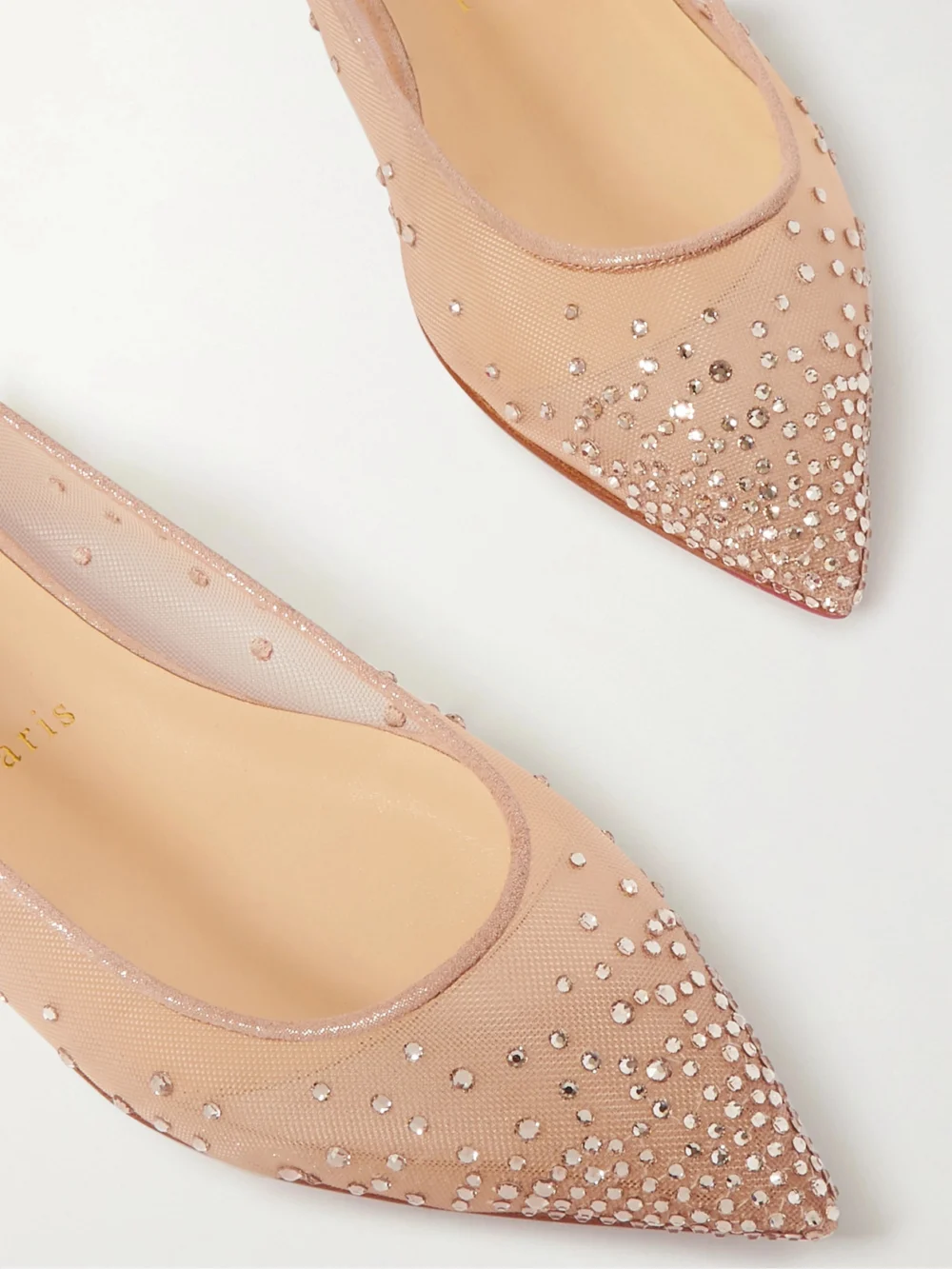 Close-up detail of the Christian Louboutin Follies Swarovski Crystal-embellished Mesh and Lamé Point-toe Flats