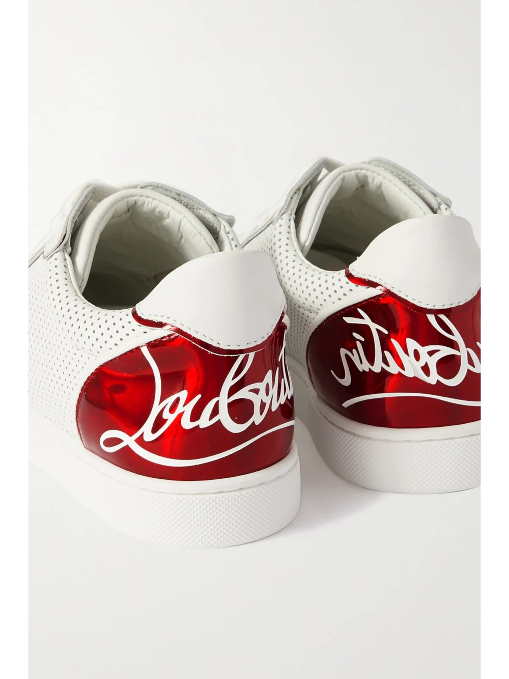 Close-up detail of the Christian Louboutin Fun Vieira Printed Pvc-trimmed Perforated Leather Sneakers