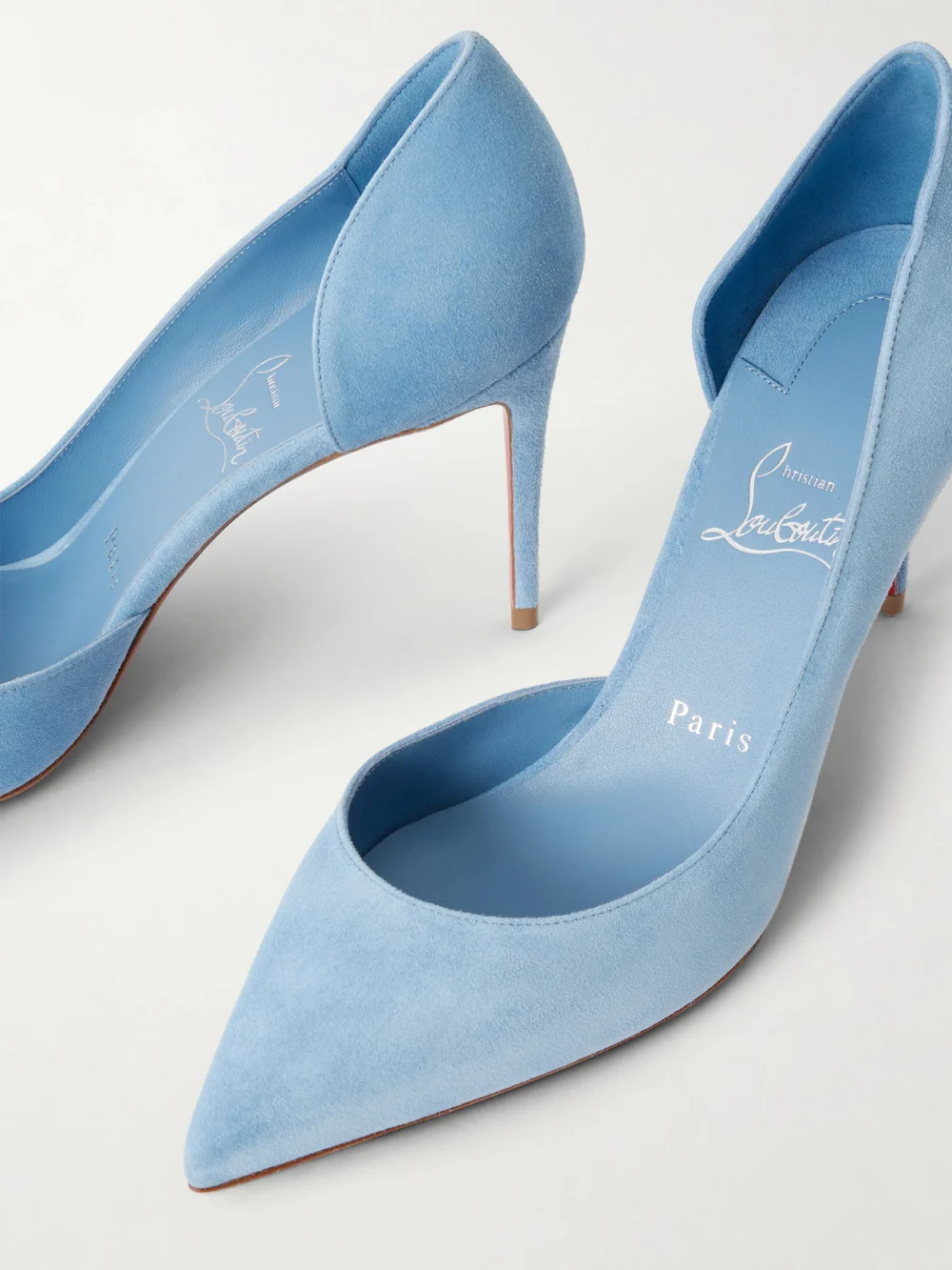 Close-up detail of the Christian Louboutin Iriza 85 Suede Pumps