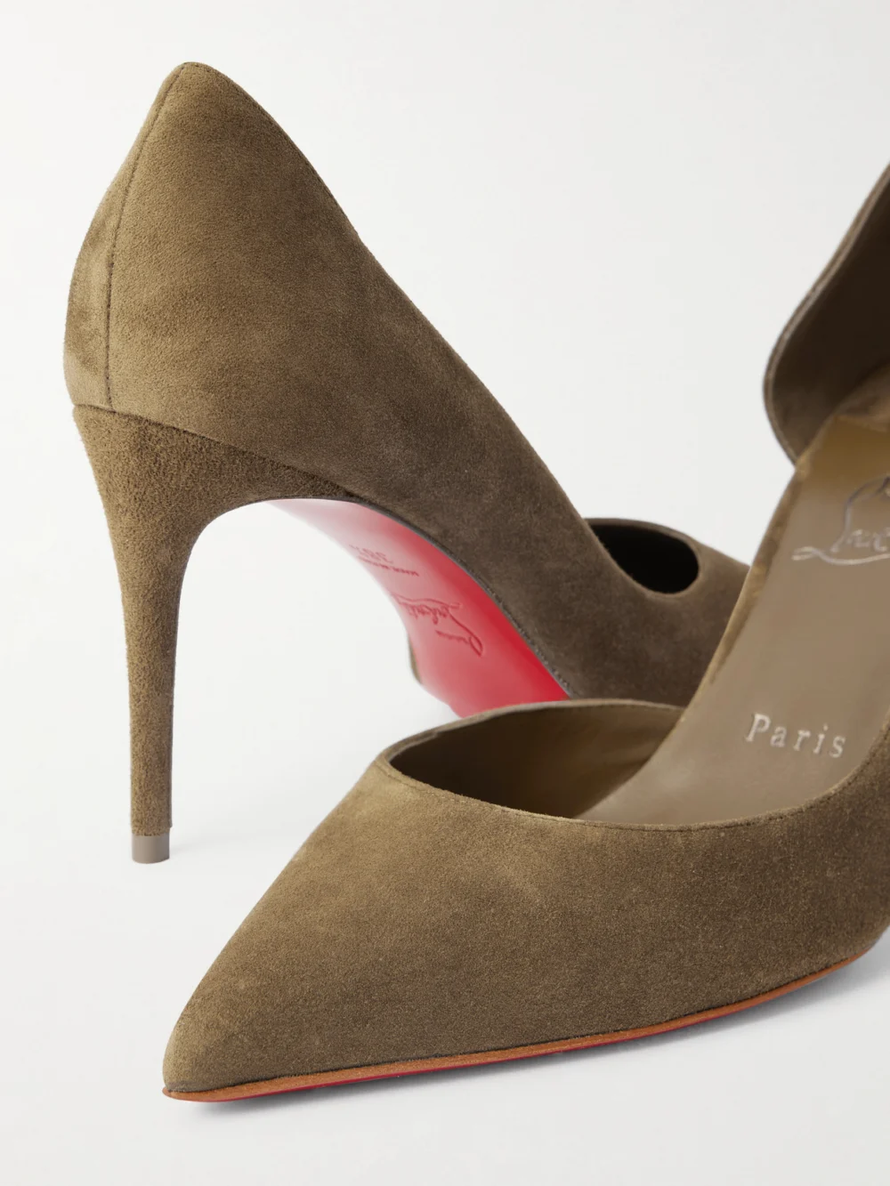Close-up detail of the Christian Louboutin Iriza 85 Suede Pumps