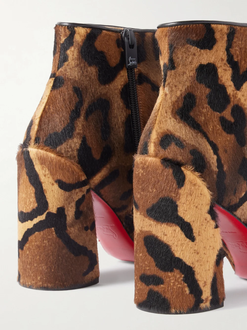 Close-up detail of the Christian Louboutin Jane 85 Leopard-print Calf Hair Ankle Boots