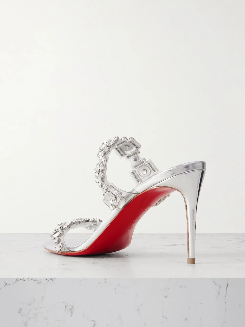 Back view of the Christian Louboutin Just Jewel 85 Crystal-embellished Pvc and Leather Sandals