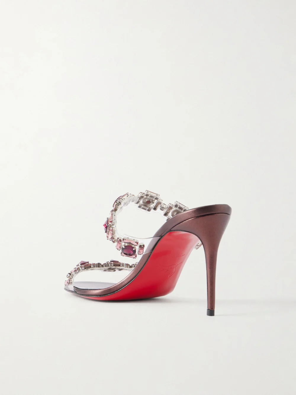 Back view of the Christian Louboutin Just Jewel 85 Embellished Pvc and Metallic Leather Sandals
