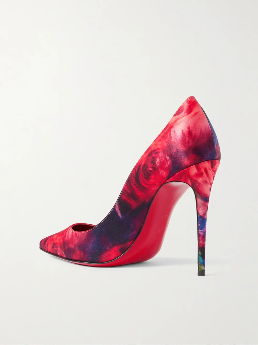 Back view of the Christian Louboutin Kate 100 Floral-print Satin-crepe Pumps