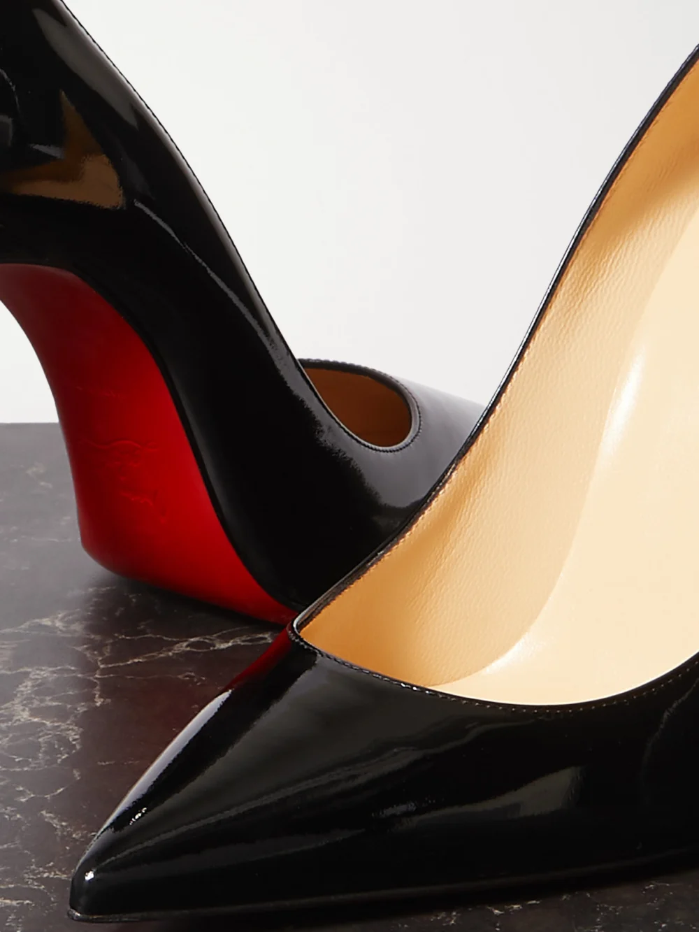 Close-up detail of the Christian Louboutin Kate 100 Patent-leather Pumps