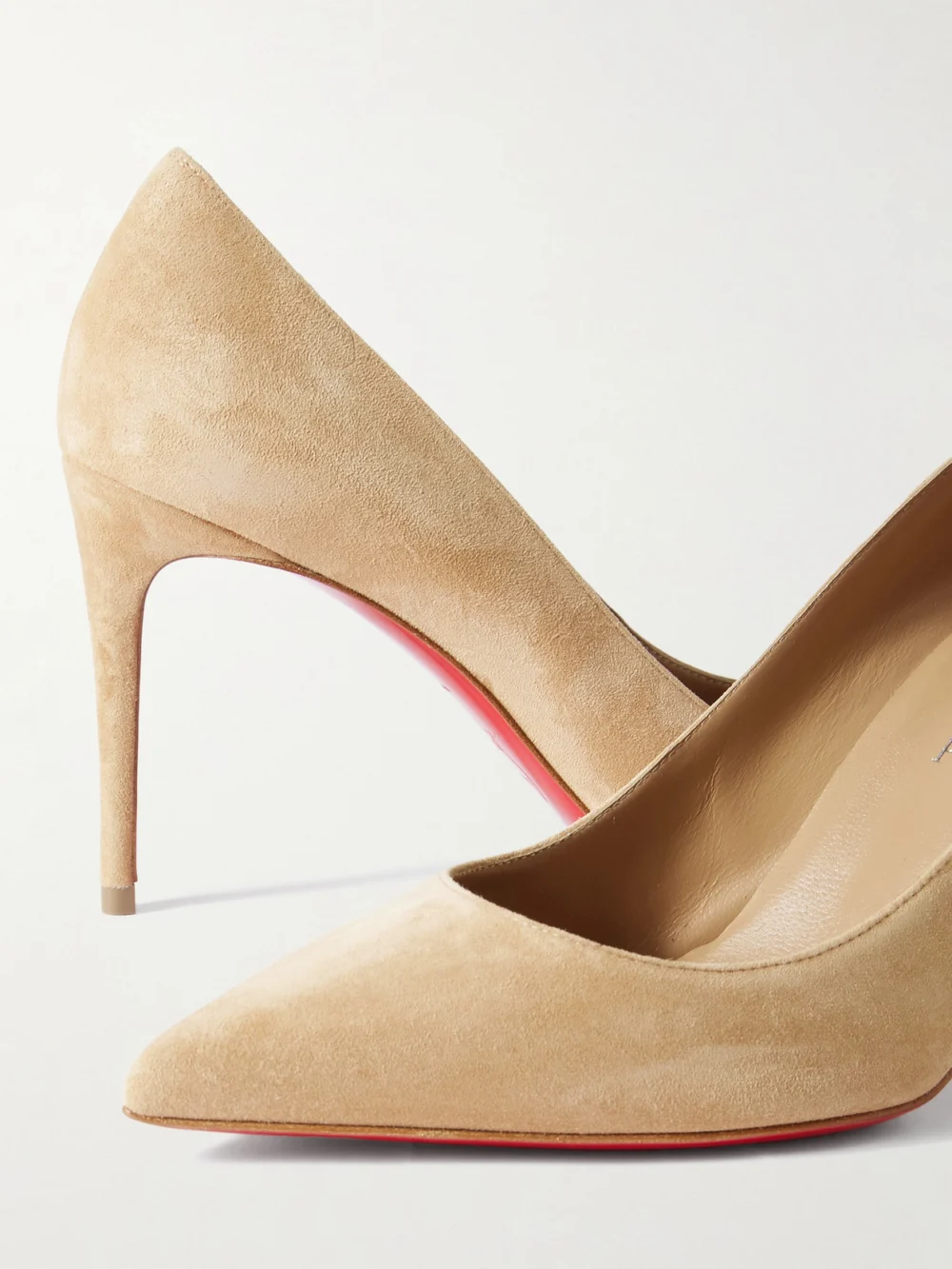 Close-up detail of the Christian Louboutin Kate 85 Suede Point-toe Pumps