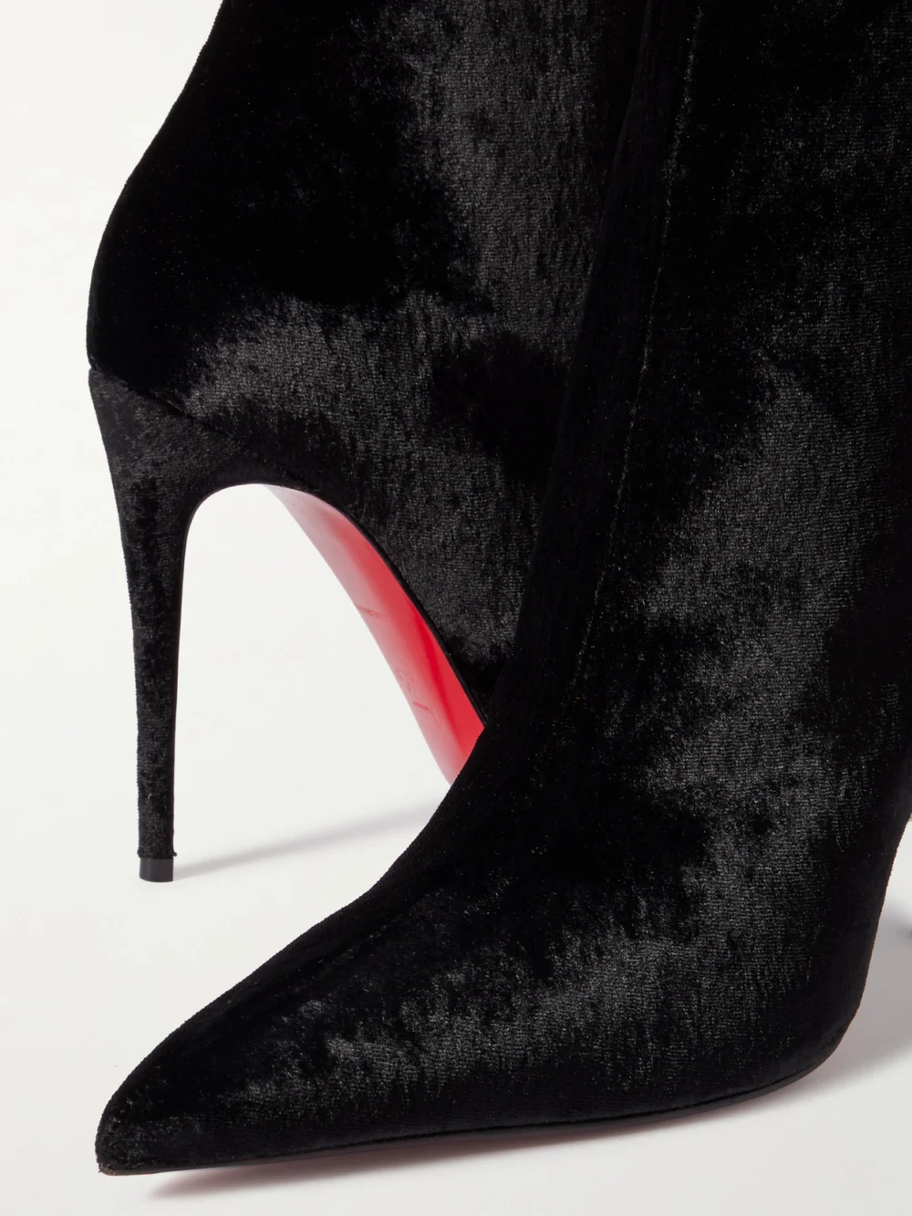 Close-up detail of the Christian Louboutin Kate Max 100 Velvet Ankle Boots