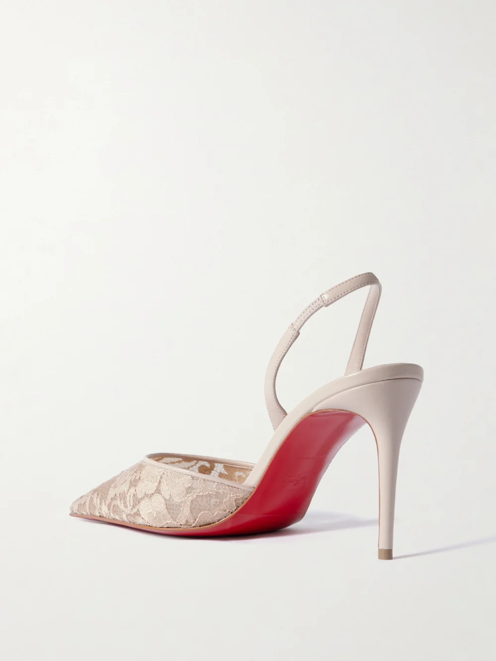 Back view of the Christian Louboutin Kate Max 85 Leather-trimmed Lace Slingback Pumps
