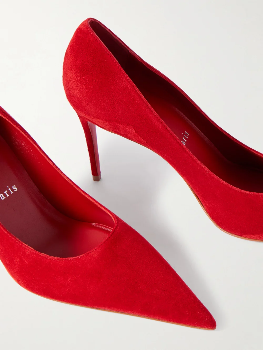 Close-up detail of the Christian Louboutin Kate Max 85 Suede Pumps