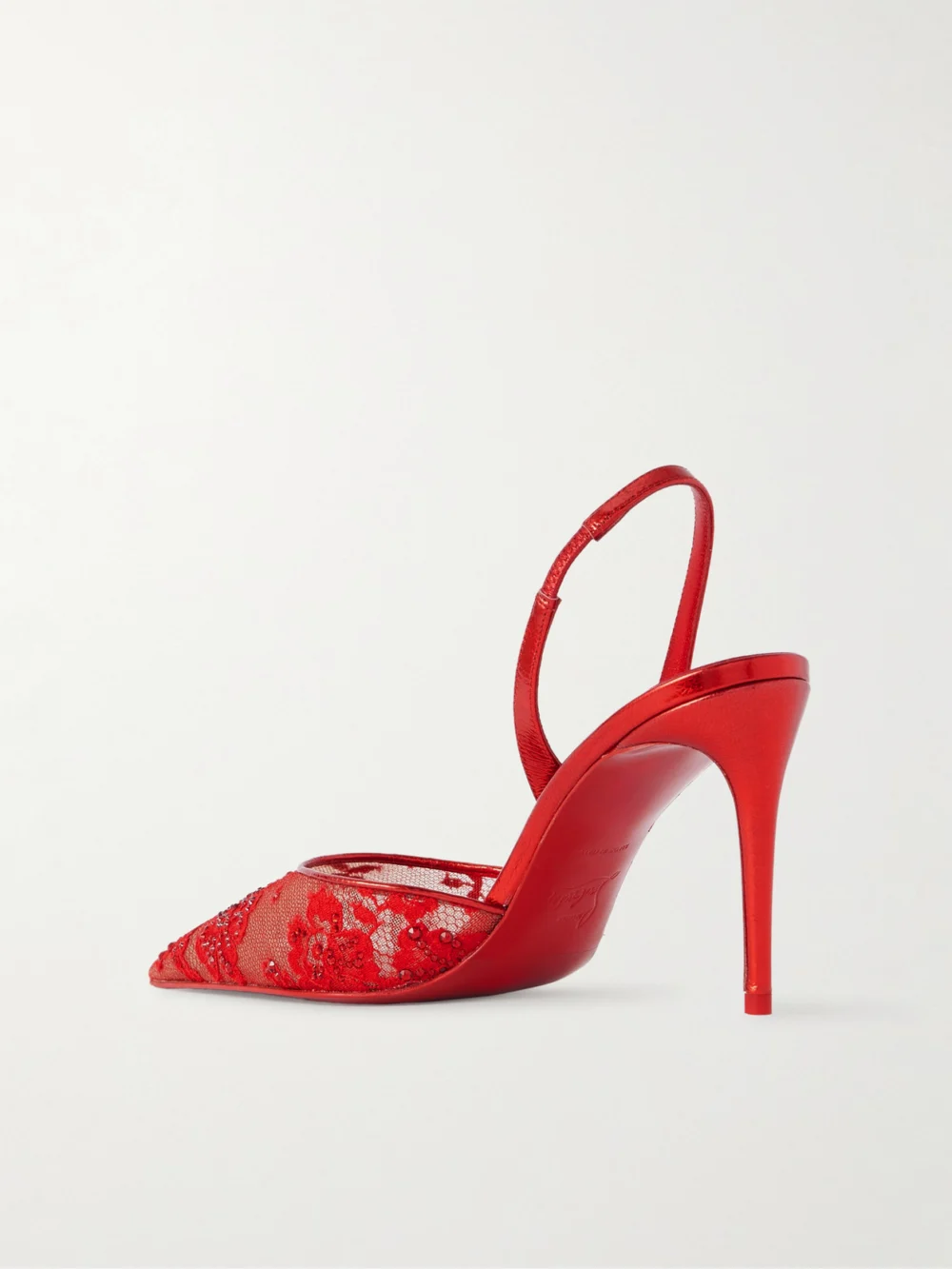 Back view of the Christian Louboutin Kate Max Metallic Leather-trimmed Crystal-embellished Lace Slingback Sandals