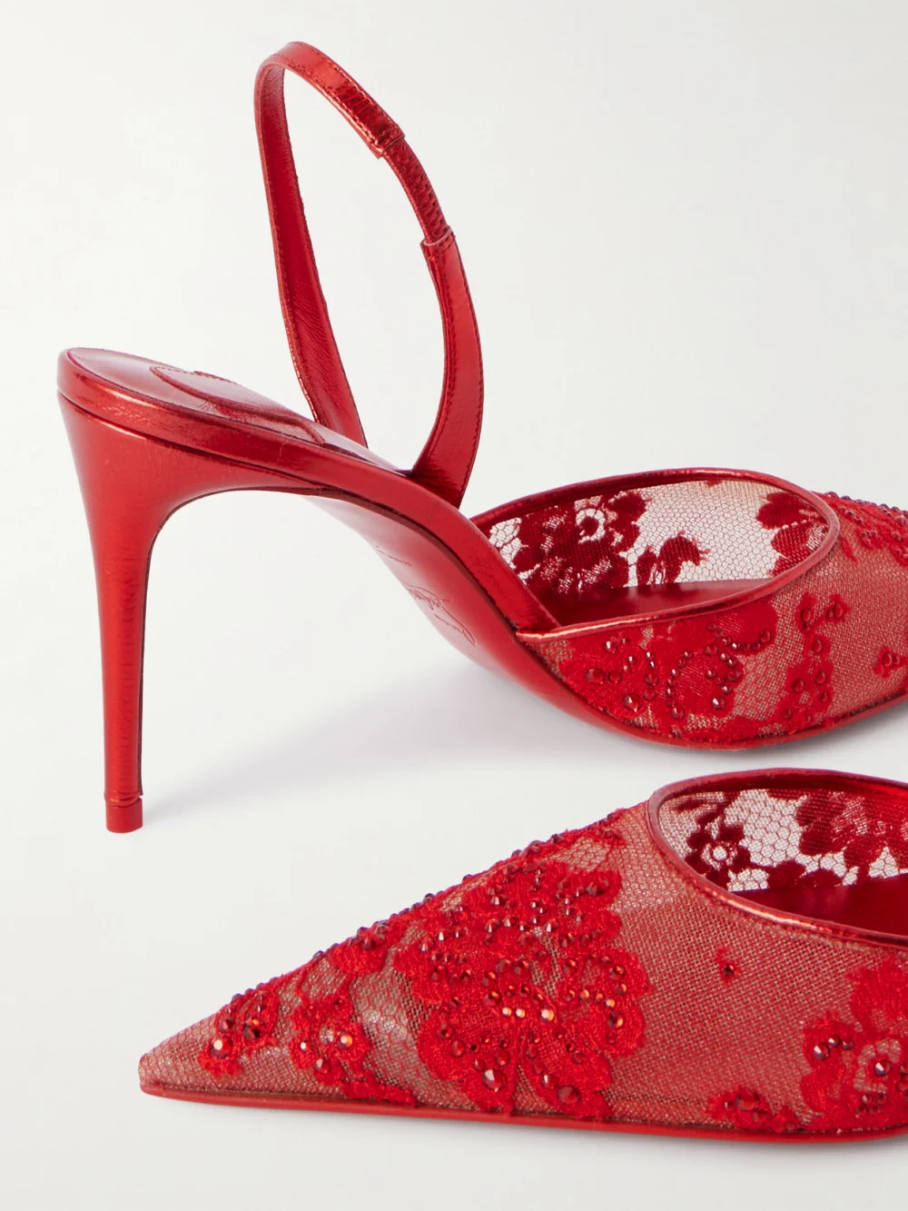 Close-up detail of the Christian Louboutin Kate Max Metallic Leather-trimmed Crystal-embellished Lace Slingback Sandals