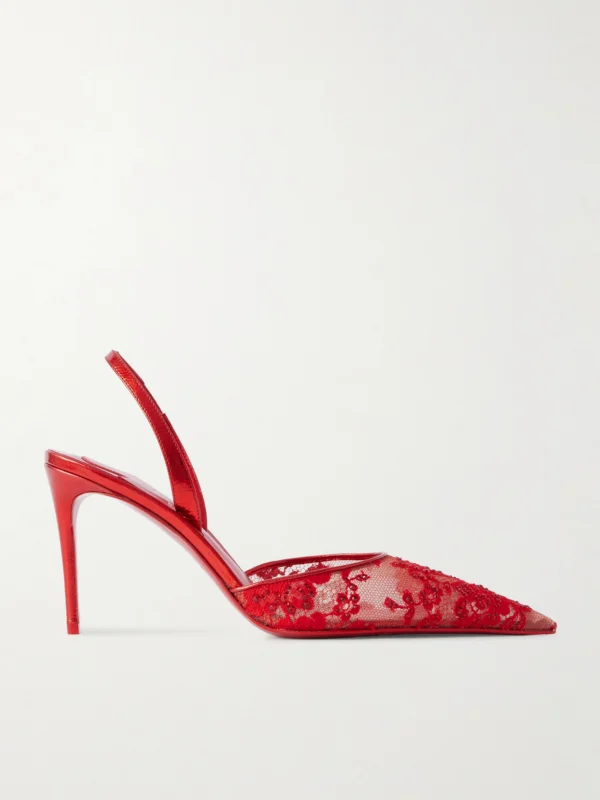 Christian Louboutin Kate Max Metallic Leather-trimmed Crystal-embellished Lace Slingback Sandals