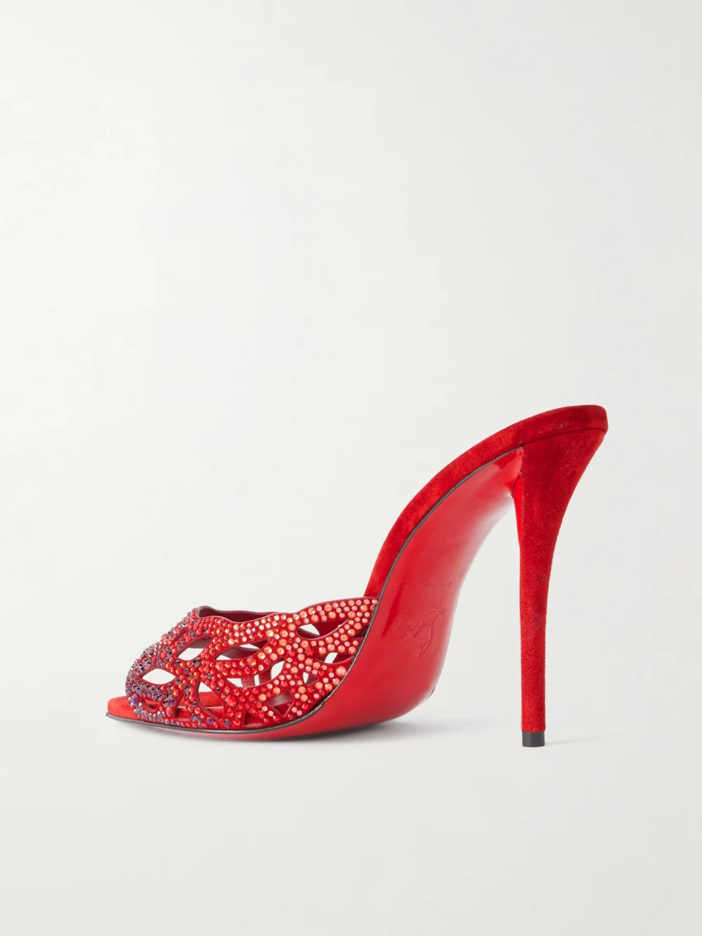 Back view of the Christian Louboutin Lasera 100 Cutout Crystal-embellished Suede Sandals