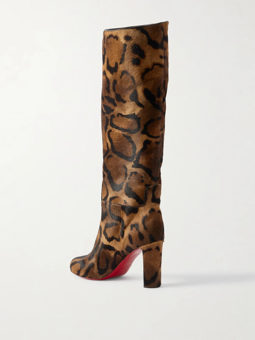 Back view of the Christian Louboutin Loo Botta 85 Leopard-print Calf Hair Knee Boots