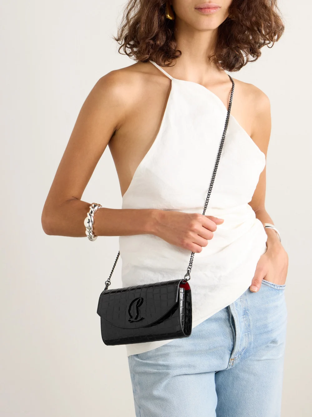 Christian Louboutin Loubi54 Croc-effect Leather Shoulder Bag, styled view