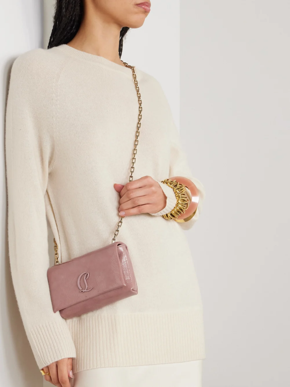 Christian Louboutin Loubi54 Embellished Crinkled Patent-leather Shoulder Bag, styled view