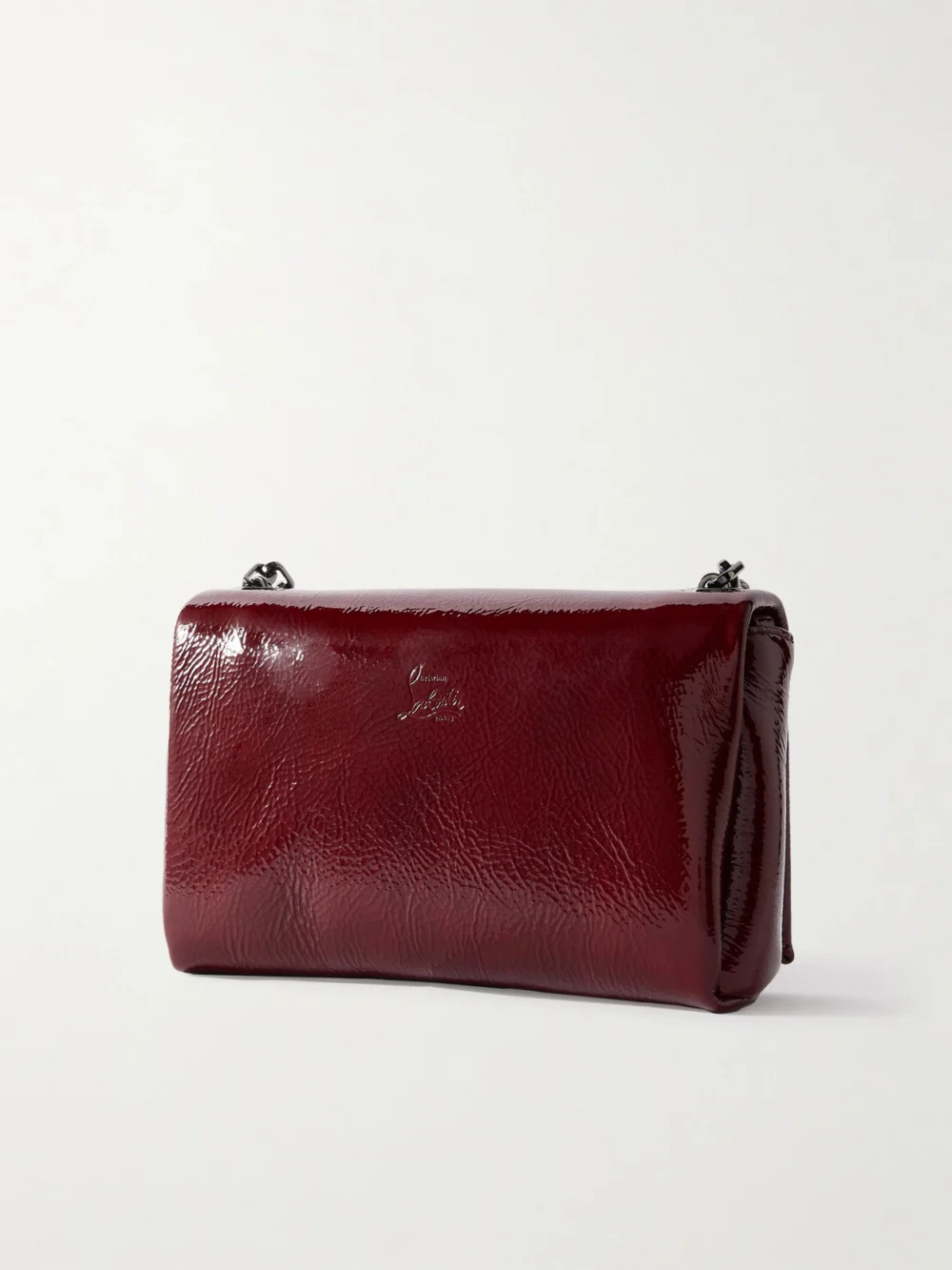Back view of the Christian Louboutin Loubi54 Embellished Crinkled Patent-leather Shoulder Bag