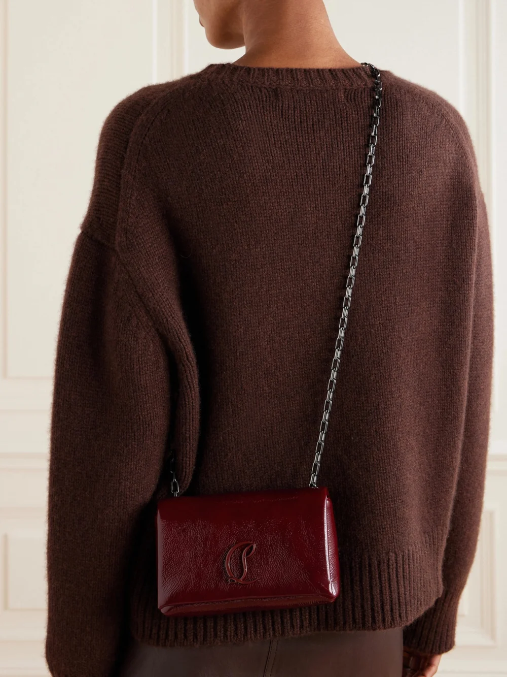 Christian Louboutin Loubi54 Embellished Crinkled Patent-leather Shoulder Bag, styled view