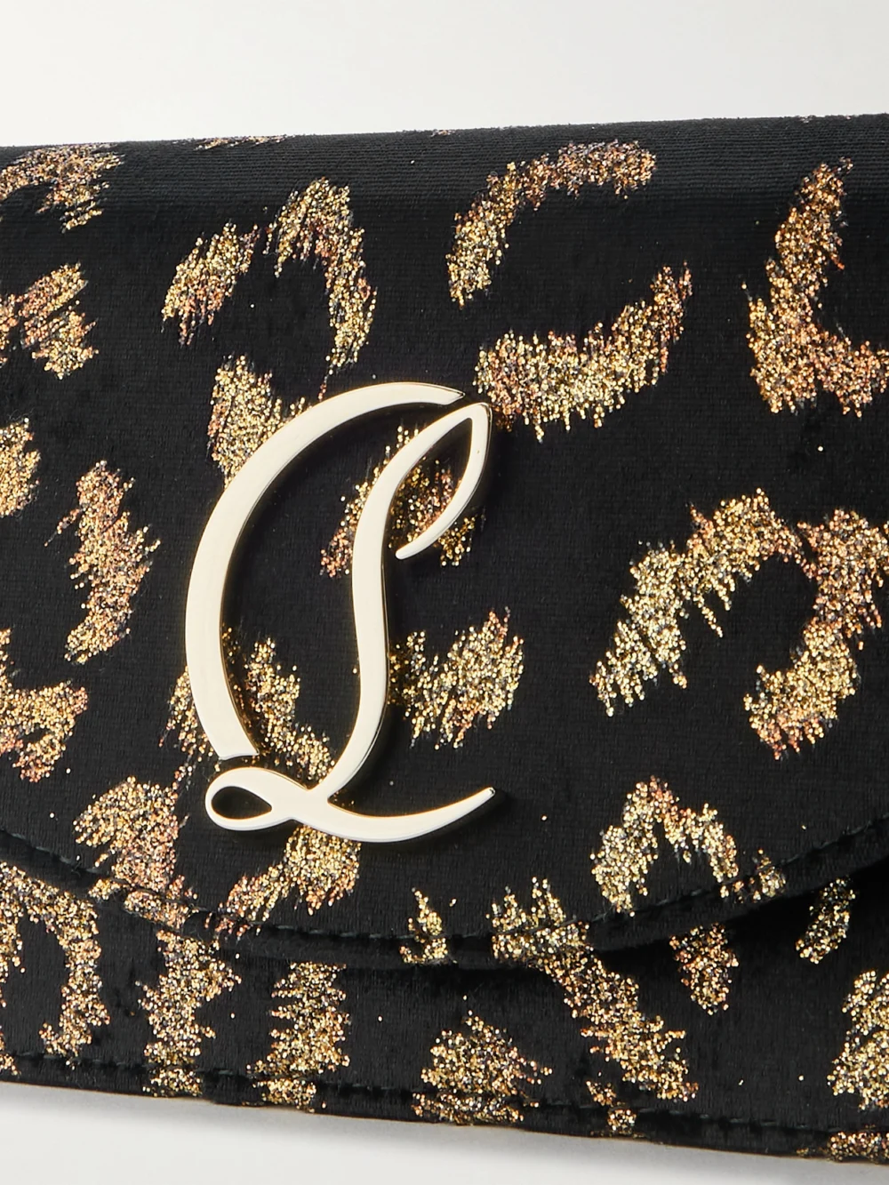 Close-up detail of the Christian Louboutin Loubi54 Embellished Metallic Velvet-jacquard Clutch