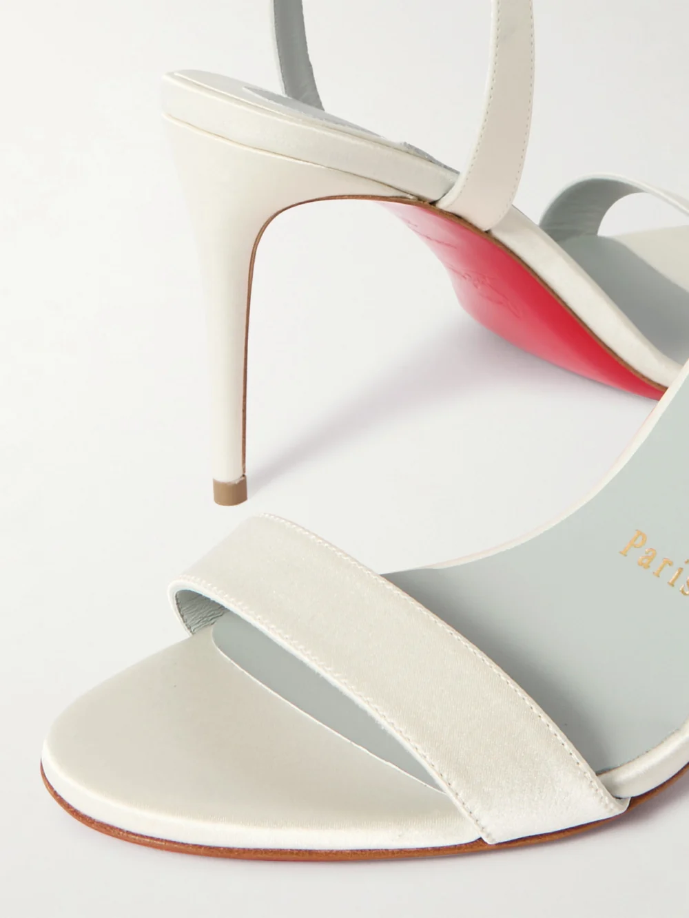 Close-up detail of the Christian Louboutin Loubigirl 85 Satin Sandals