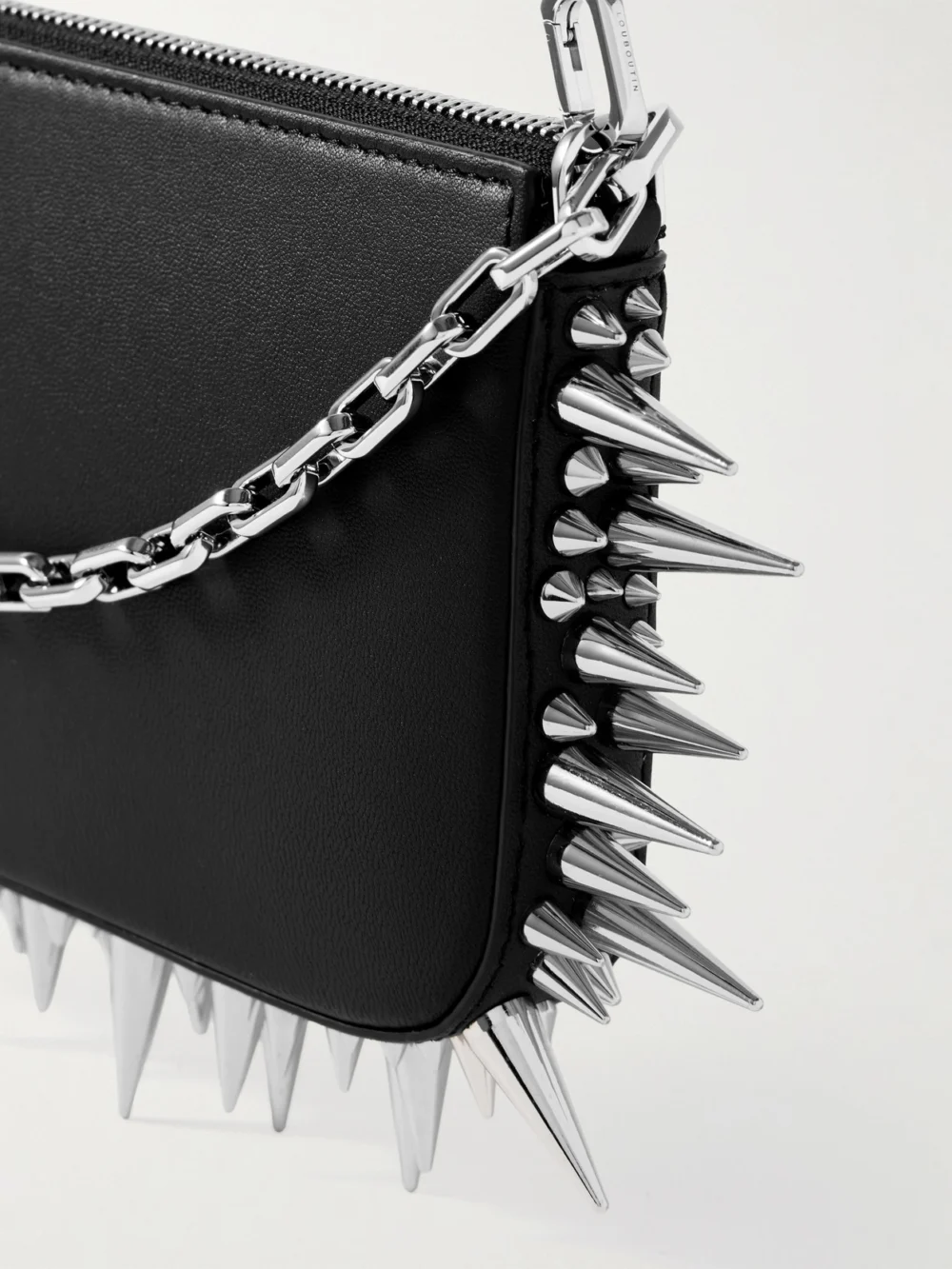 Close-up detail of the Christian Louboutin Loubila Mini Spiked Leather Shoulder Bag