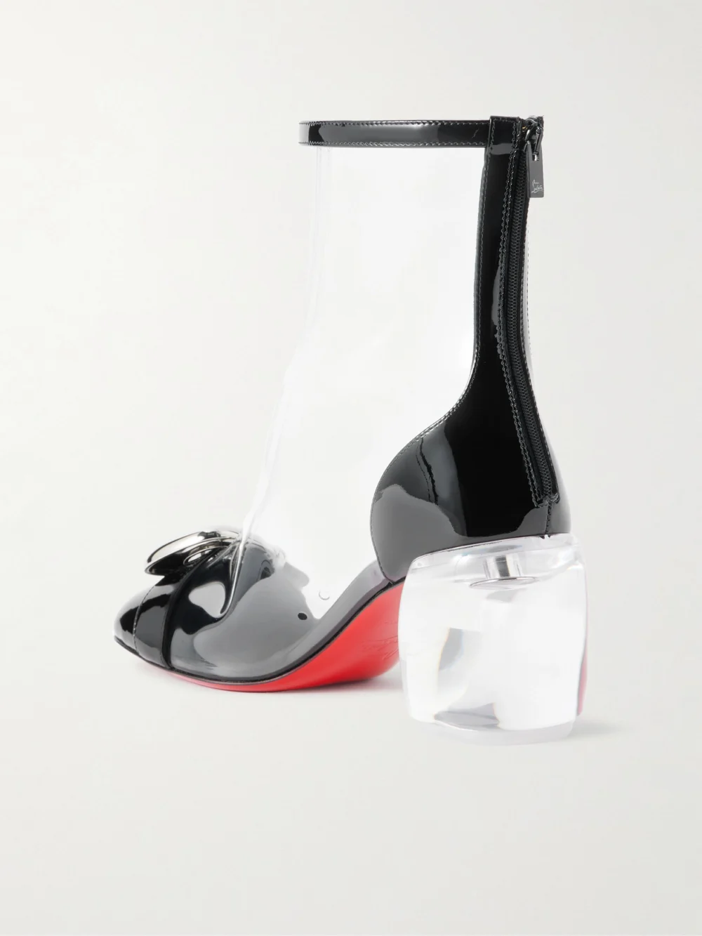 Back view of the Christian Louboutin Minny Bubble Patent Leather-trimmed Pvc Ankle Boots